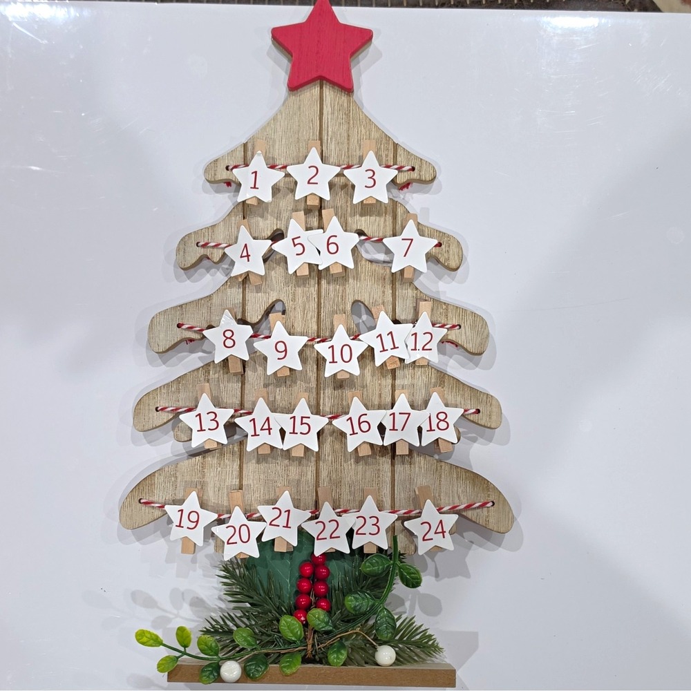 Wooden Christmas Tree Hanging Advent Calendar Reusable with 24 Star Clips